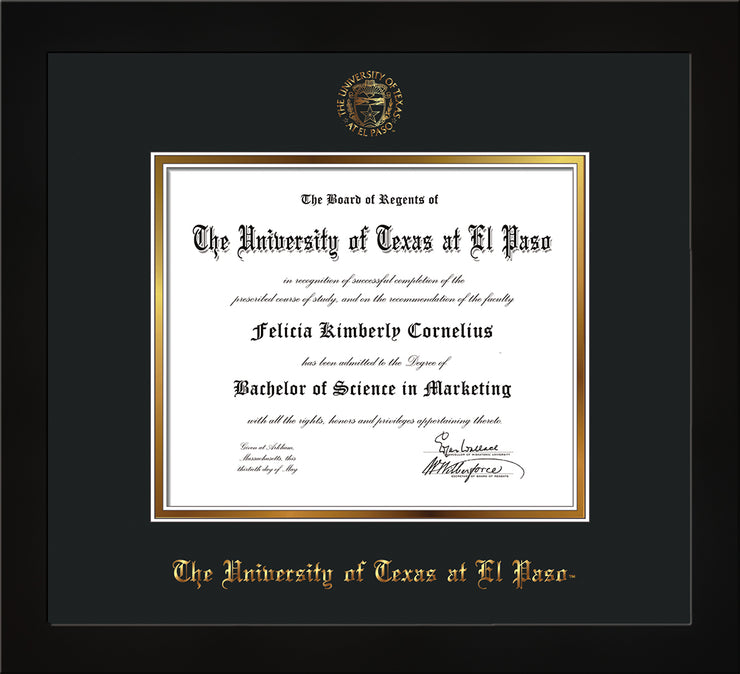 Image of University of Texas - El Paso Diploma Frame - Honors Black Satin - w/UTEP Embossed Seal & Name - Black on Gold mat