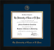 Image of University of Texas - El Paso Diploma Frame - Flat Matte Black - w/UTEP Embossed Seal & Name - Navy on Gold mat