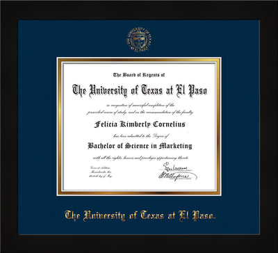 Image of University of Texas - El Paso Diploma Frame - Flat Matte Black - w/UTEP Embossed Seal & Name - Navy on Gold mat