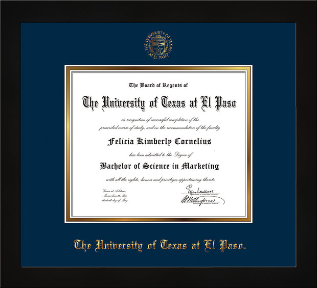 Image of University of Texas - El Paso Diploma Frame - Flat Matte Black - w/UTEP Embossed Seal & Name - Navy on Gold mat
