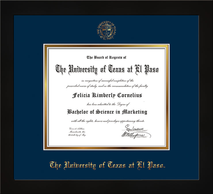 Image of University of Texas - El Paso Diploma Frame - Flat Matte Black - w/UTEP Embossed Seal & Name - Navy on Gold mat