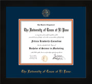 Image of University of Texas - El Paso Diploma Frame - Flat Matte Black - w/UTEP Embossed Seal & Name - Navy on Orange mat