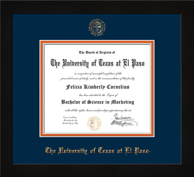 Image of University of Texas - El Paso Diploma Frame - Flat Matte Black - w/UTEP Embossed Seal & Name - Navy on Orange mat