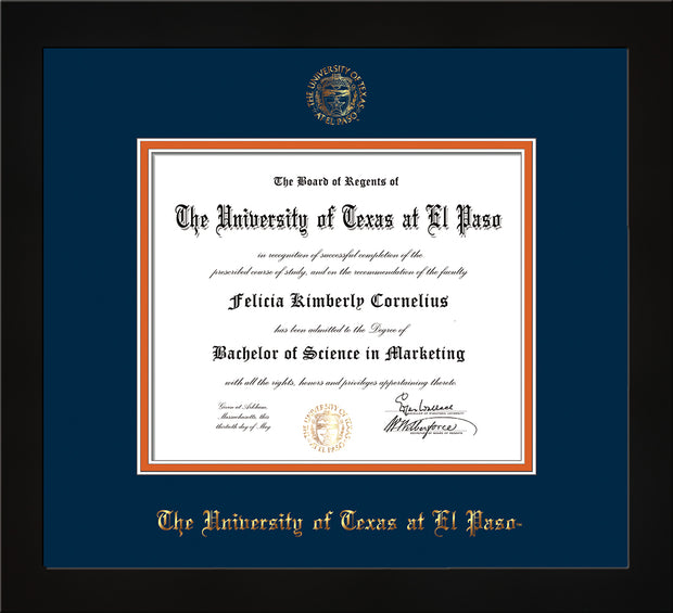 Image of University of Texas - El Paso Diploma Frame - Flat Matte Black - w/UTEP Embossed Seal & Name - Navy on Orange mat