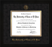 Image of University of Texas - El Paso Diploma Frame - Flat Matte Black - w/UTEP Embossed Seal & Name - Black Suede on Gold mat
