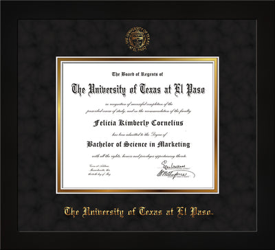 Image of University of Texas - El Paso Diploma Frame - Flat Matte Black - w/UTEP Embossed Seal & Name - Black Suede on Gold mat