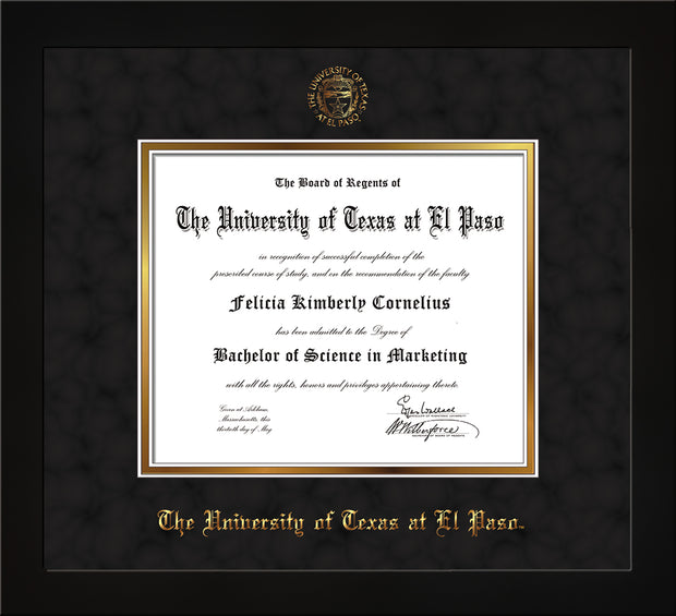 Image of University of Texas - El Paso Diploma Frame - Flat Matte Black - w/UTEP Embossed Seal & Name - Black Suede on Gold mat