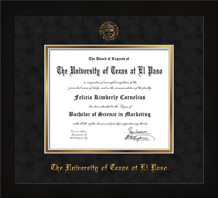 Image of University of Texas - El Paso Diploma Frame - Flat Matte Black - w/UTEP Embossed Seal & Name - Black Suede on Gold mat