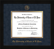 Image of University of Texas - El Paso Diploma Frame - Flat Matte Black - w/UTEP Embossed Seal & Name - Navy Suede on Gold mat