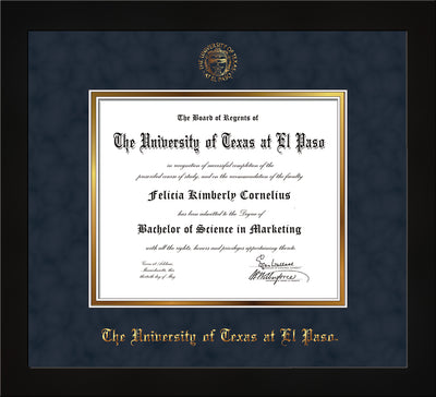 Image of University of Texas - El Paso Diploma Frame - Flat Matte Black - w/UTEP Embossed Seal & Name - Navy Suede on Gold mat