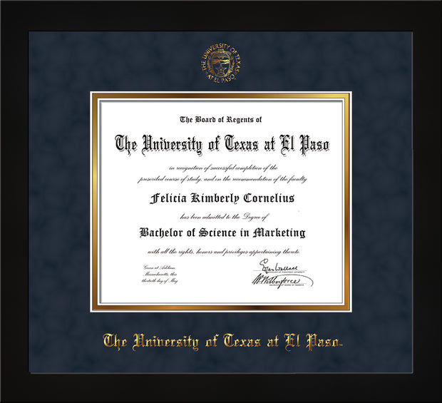 Image of University of Texas - El Paso Diploma Frame - Flat Matte Black - w/UTEP Embossed Seal & Name - Navy Suede on Gold mat