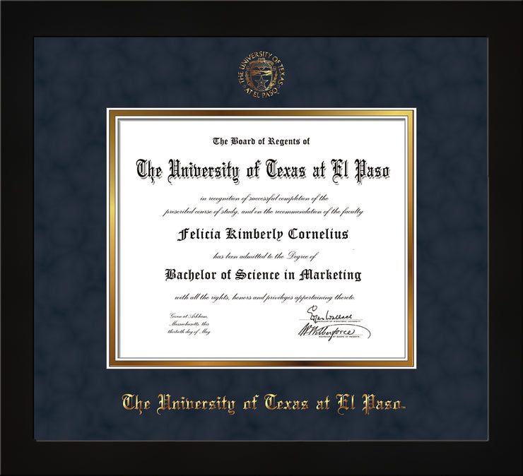 Image of University of Texas - El Paso Diploma Frame - Flat Matte Black - w/UTEP Embossed Seal & Name - Navy Suede on Gold mat