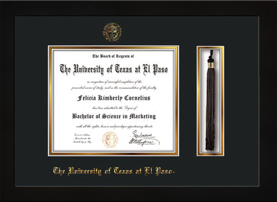 Image of University of Texas - El Paso Diploma Frame - Flat Matte Black - w/UTEP Embossed Seal & Name - Tassel Holder - Black on Gold mat
