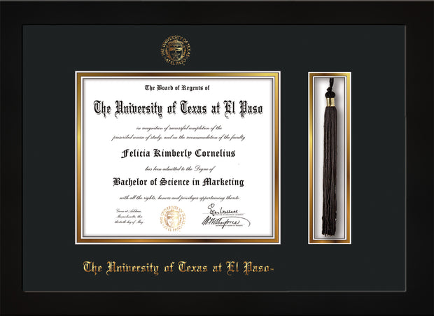 Image of University of Texas - El Paso Diploma Frame - Flat Matte Black - w/UTEP Embossed Seal & Name - Tassel Holder - Black on Gold mat