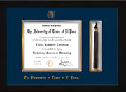Image of University of Texas - El Paso Diploma Frame - Flat Matte Black - w/UTEP Embossed Seal & Name - Tassel Holder - Navy on Gold mat