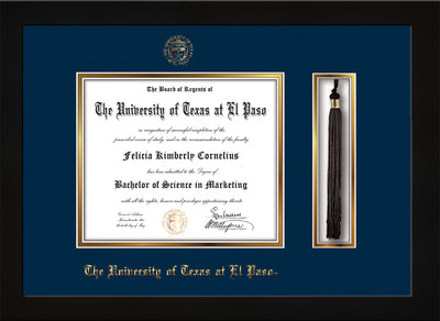 Image of University of Texas - El Paso Diploma Frame - Flat Matte Black - w/UTEP Embossed Seal & Name - Tassel Holder - Navy on Gold mat