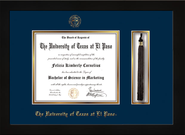 Image of University of Texas - El Paso Diploma Frame - Flat Matte Black - w/UTEP Embossed Seal & Name - Tassel Holder - Navy on Gold mat