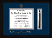 Image of University of Texas - El Paso Diploma Frame - Flat Matte Black - w/UTEP Embossed Seal & Name - Tassel Holder - Navy on Orange mat