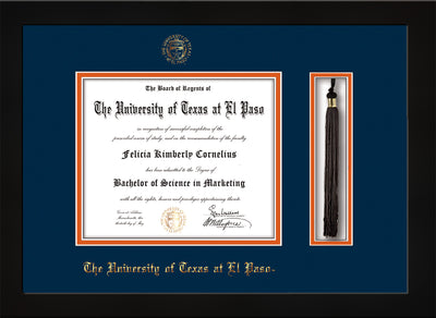 Image of University of Texas - El Paso Diploma Frame - Flat Matte Black - w/UTEP Embossed Seal & Name - Tassel Holder - Navy on Orange mat