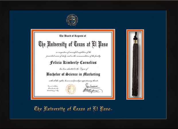 Image of University of Texas - El Paso Diploma Frame - Flat Matte Black - w/UTEP Embossed Seal & Name - Tassel Holder - Navy on Orange mat