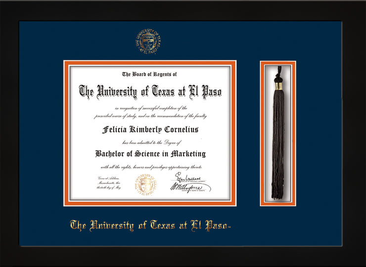 Image of University of Texas - El Paso Diploma Frame - Flat Matte Black - w/UTEP Embossed Seal & Name - Tassel Holder - Navy on Orange mat