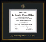 Image of University of Texas - El Paso Diploma Frame - Honors Black Satin - w/UTEP Embossed Seal & Name - Black on Gold mat