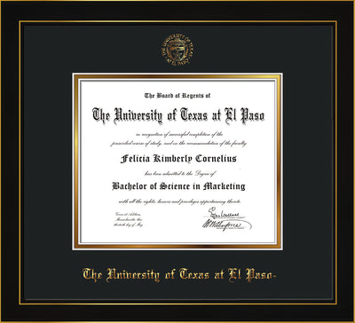 Image of University of Texas - El Paso Diploma Frame - Honors Black Satin - w/UTEP Embossed Seal & Name - Black on Gold mat