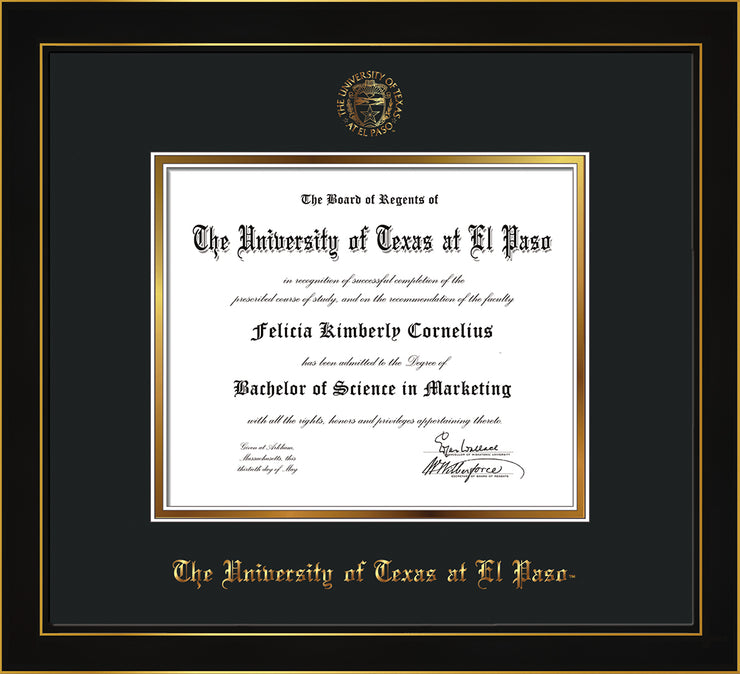 Image of University of Texas - El Paso Diploma Frame - Honors Black Satin - w/UTEP Embossed Seal & Name - Black on Gold mat