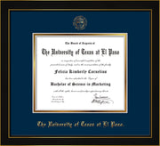 Image of University of Texas - El Paso Diploma Frame - Honors Black Satin - w/UTEP Embossed Seal & Name - Navy on Gold mat