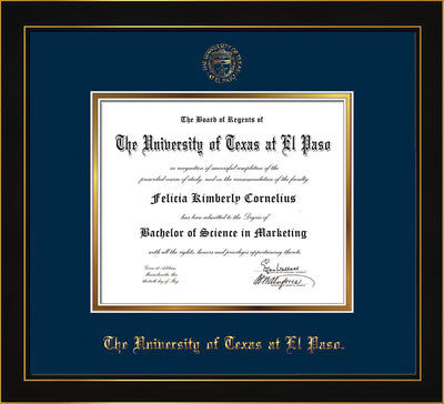 Image of University of Texas - El Paso Diploma Frame - Honors Black Satin - w/UTEP Embossed Seal & Name - Navy on Gold mat
