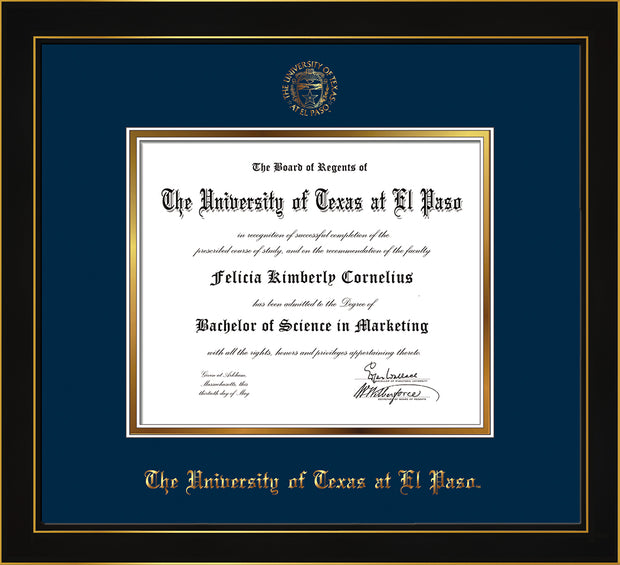 Image of University of Texas - El Paso Diploma Frame - Honors Black Satin - w/UTEP Embossed Seal & Name - Navy on Gold mat
