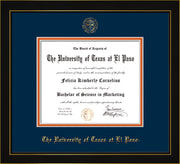 Image of University of Texas - El Paso Diploma Frame - Honors Black Satin - w/UTEP Embossed Seal & Name - Navy on Orange mat