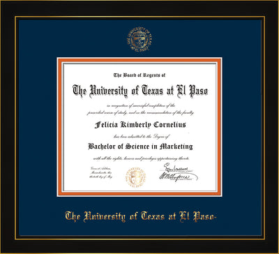 Image of University of Texas - El Paso Diploma Frame - Honors Black Satin - w/UTEP Embossed Seal & Name - Navy on Orange mat