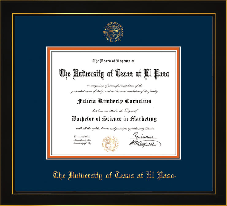 Image of University of Texas - El Paso Diploma Frame - Honors Black Satin - w/UTEP Embossed Seal & Name - Navy on Orange mat