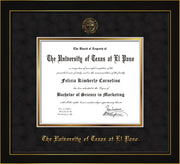 Image of University of Texas - El Paso Diploma Frame - Honors Black Satin - w/UTEP Embossed Seal & Name - Black Suede on Gold mat