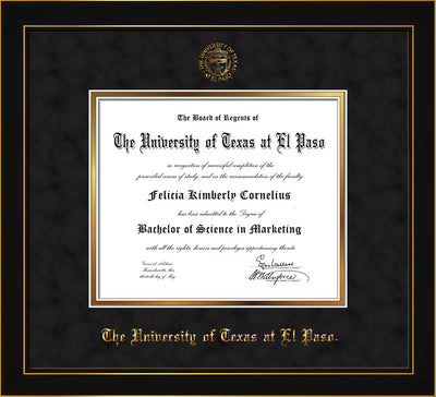 Image of University of Texas - El Paso Diploma Frame - Honors Black Satin - w/UTEP Embossed Seal & Name - Black Suede on Gold mat