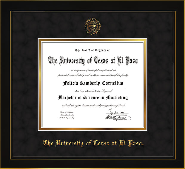 Image of University of Texas - El Paso Diploma Frame - Honors Black Satin - w/UTEP Embossed Seal & Name - Black Suede on Gold mat