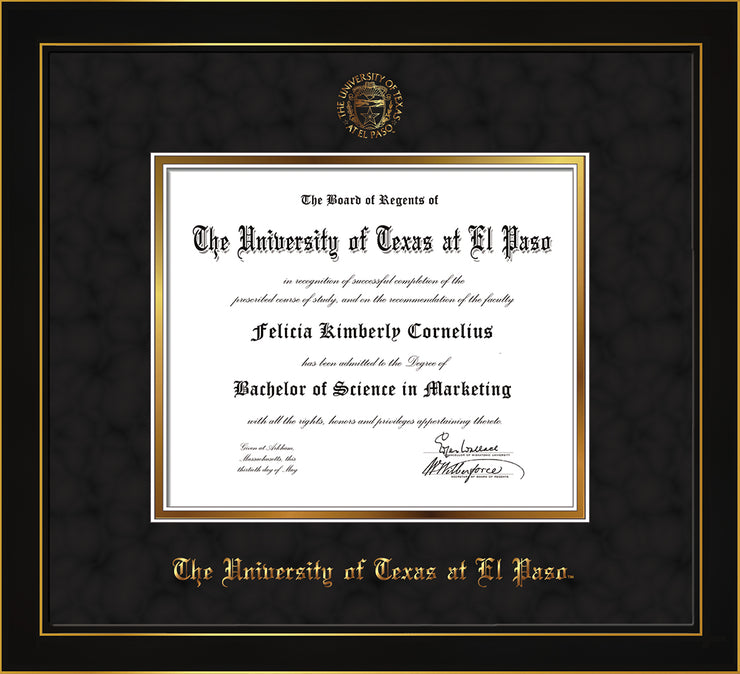 Image of University of Texas - El Paso Diploma Frame - Honors Black Satin - w/UTEP Embossed Seal & Name - Black Suede on Gold mat