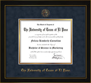Image of University of Texas - El Paso Diploma Frame - Honors Black Satin - w/UTEP Embossed Seal & Name - Navy Suede on Gold mat