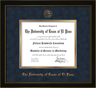Image of University of Texas - El Paso Diploma Frame - Honors Black Satin - w/UTEP Embossed Seal & Name - Navy Suede on Gold mat