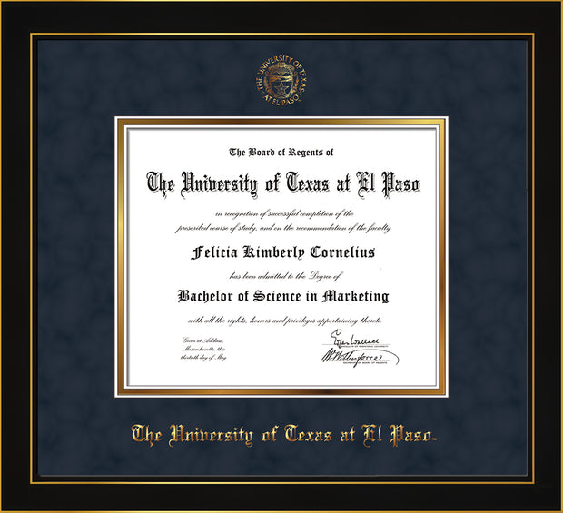 Image of University of Texas - El Paso Diploma Frame - Honors Black Satin - w/UTEP Embossed Seal & Name - Navy Suede on Gold mat