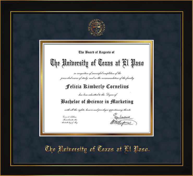 Image of University of Texas - El Paso Diploma Frame - Honors Black Satin - w/UTEP Embossed Seal & Name - Navy Suede on Gold mat