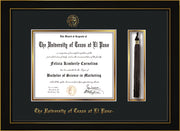 Image of University of Texas - El Paso Diploma Frame - Honors Black Satin - w/UTEP Embossed Seal & Name - Tassel Holder - Black on Gold mat