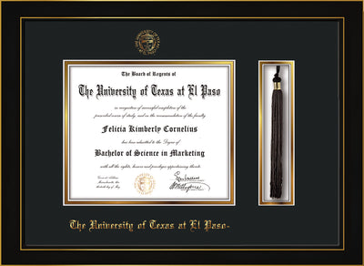 Image of University of Texas - El Paso Diploma Frame - Honors Black Satin - w/UTEP Embossed Seal & Name - Tassel Holder - Black on Gold mat
