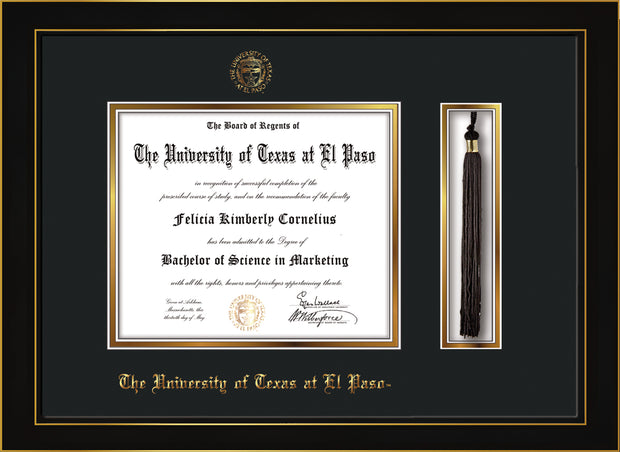 Image of University of Texas - El Paso Diploma Frame - Honors Black Satin - w/UTEP Embossed Seal & Name - Tassel Holder - Black on Gold mat