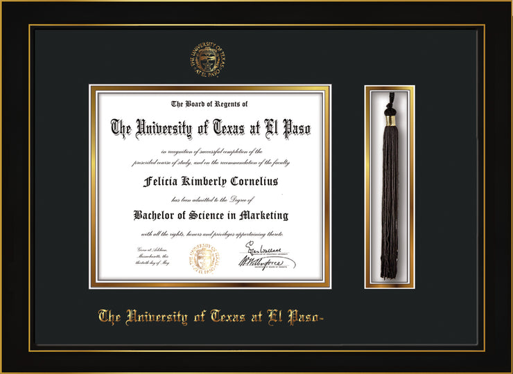 Image of University of Texas - El Paso Diploma Frame - Honors Black Satin - w/UTEP Embossed Seal & Name - Tassel Holder - Black on Gold mat