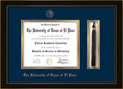 Image of University of Texas - El Paso Diploma Frame - Honors Black Satin - w/UTEP Embossed Seal & Name - Tassel Holder - Navy on Gold mat