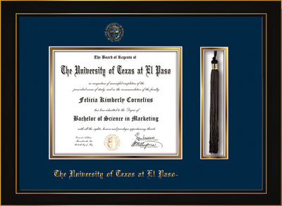 Image of University of Texas - El Paso Diploma Frame - Honors Black Satin - w/UTEP Embossed Seal & Name - Tassel Holder - Navy on Gold mat