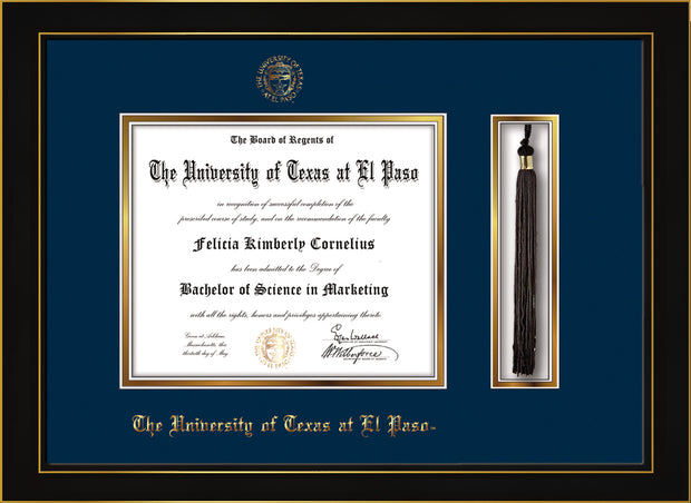Image of University of Texas - El Paso Diploma Frame - Honors Black Satin - w/UTEP Embossed Seal & Name - Tassel Holder - Navy on Gold mat