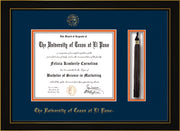 Image of University of Texas - El Paso Diploma Frame - Honors Black Satin - w/UTEP Embossed Seal & Name - Tassel Holder - Navy on Orange mat